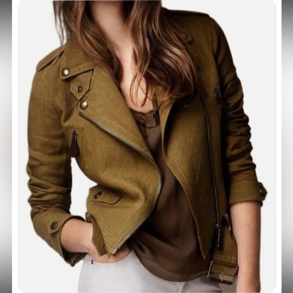 Burberry Olive Green Linen Moto Biker Leather Jacket